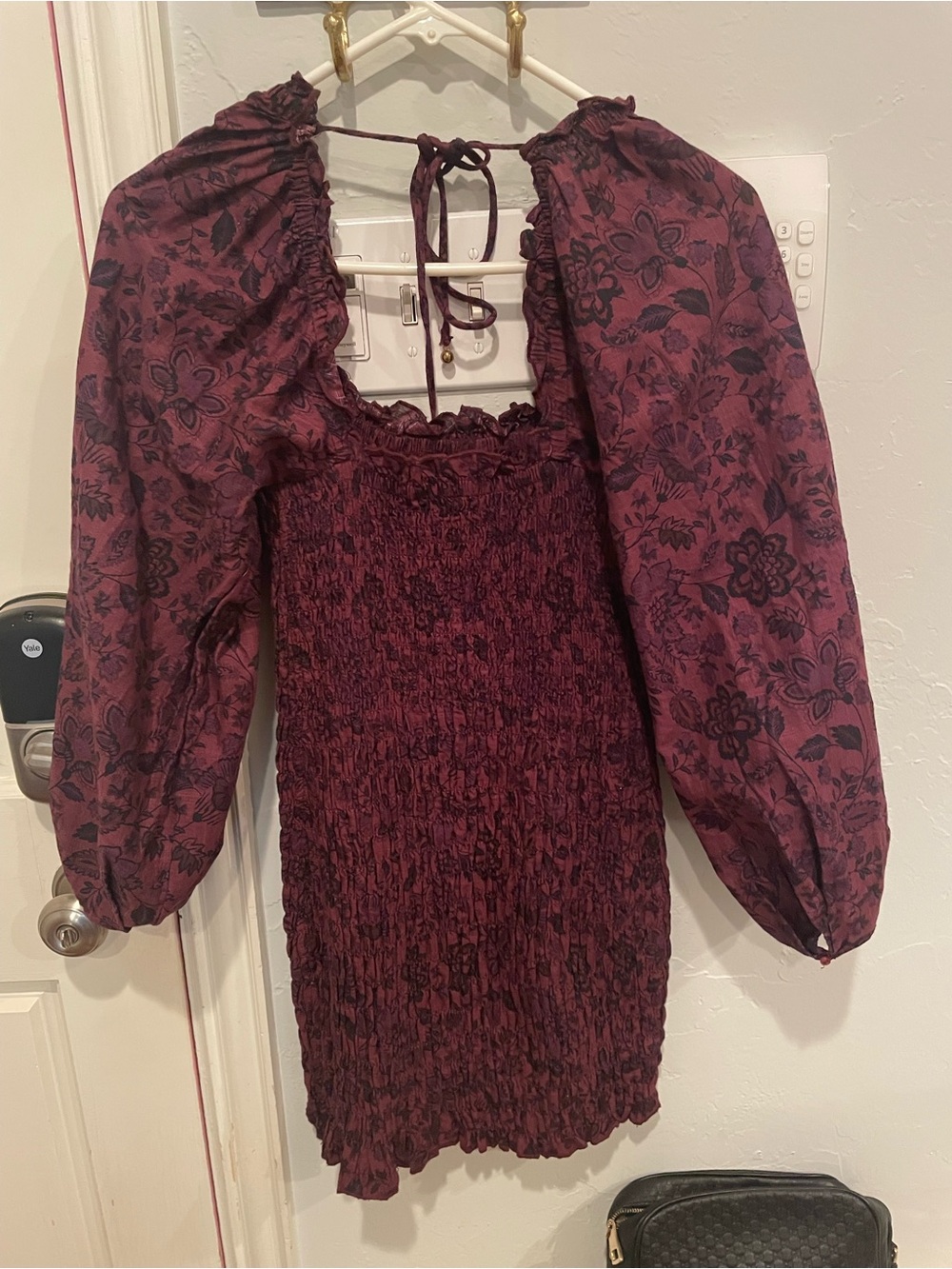 Free People Burgundy Floral Smocked Mini Dress